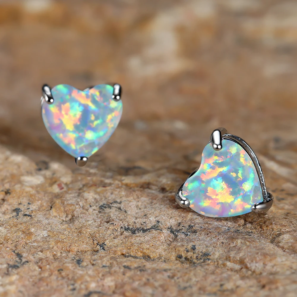 قوس قزح الأزرق الأبيض النار أوبال أقراط للنساء فضية اللون الزفاف القلب قرط الاذن المرصع الزفاف المشاركة حفلة عيد ميلاد مجوهرات