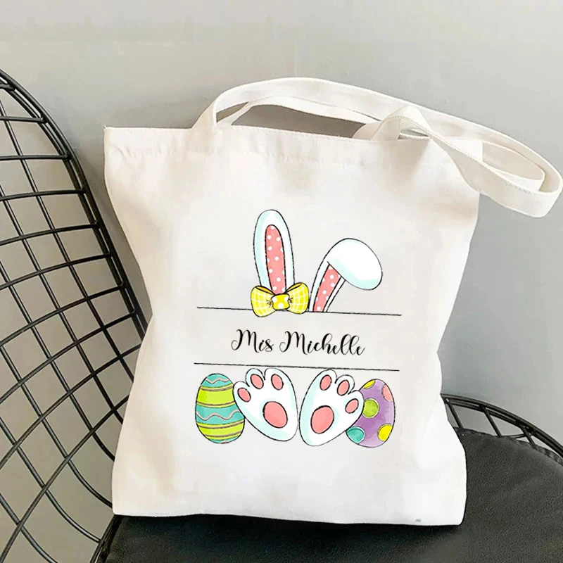 Cartoon Rabbit Print Personalized Name Shoulder Bag Large Capacity Travel Tote Bags Reusable Shopping Bag Customized Easter Gift