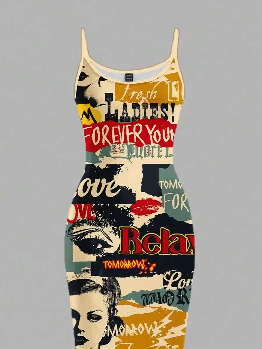 

Vintage Poster Print Sleeveless Casual Dress For Music Festival
