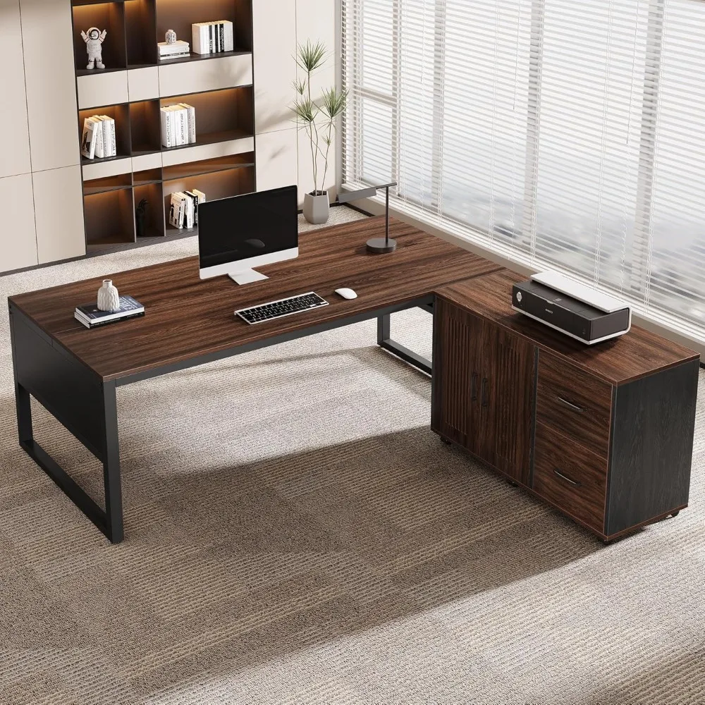 

63-Inch L-Shaped Desk, Modern Executive Desk with Mobile File Cabinet, Large Office Desk with Door Storage Cabinet and Drawer