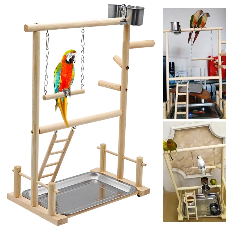 Parrot Playstands With Cup Toys Tray Bird Swing Climbing Hanging Ladder Bridge Wood Cockatiel Playground Bird Perches 36*23*51cm