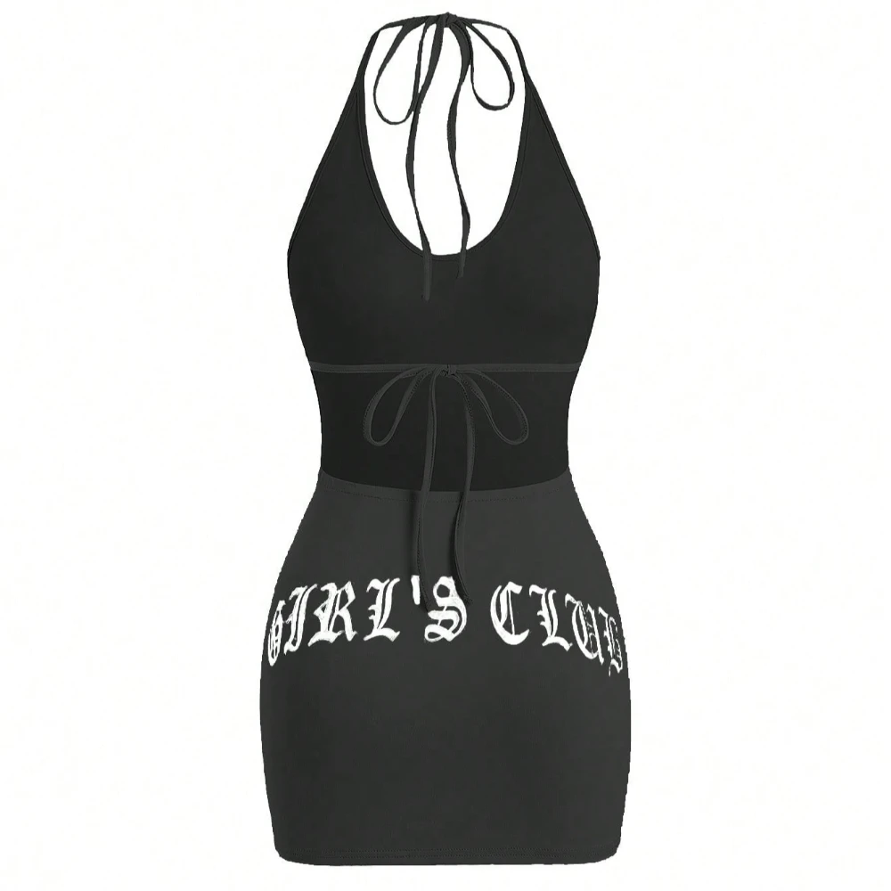 American-Style Sexy Summer New Sleeveless Halter Lace-up Letter Printing Stylish Sexy Big Backless Dress for Women Yabi retro st