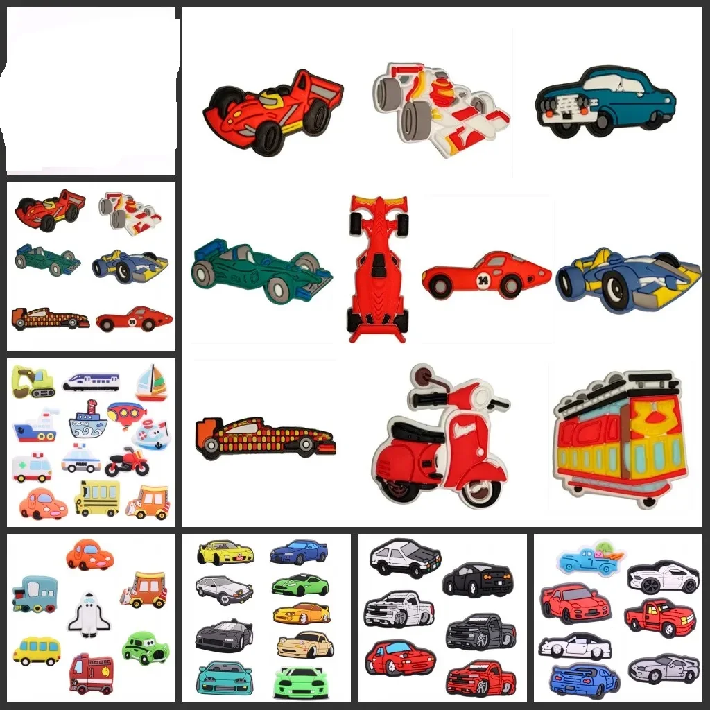 8 Loại Nhựa PVC Xe Vận Chuyển Xe Buýt Firetruck Xe Đua Xe Máy Xúc Trực Thăng Khóa Clog Croc Jibz Phụ Kiện Trang Trí