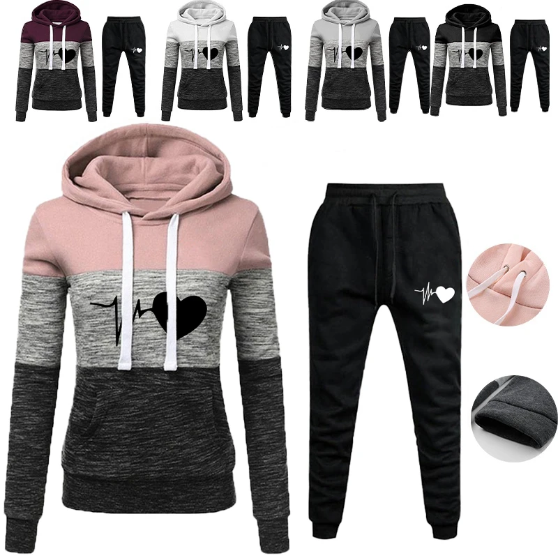 New Women's Outdoor Sports Suit Fleece Fitness Jogging Suit Casual Wear 2 Pieces Color Blocking Hoodies S-4XL