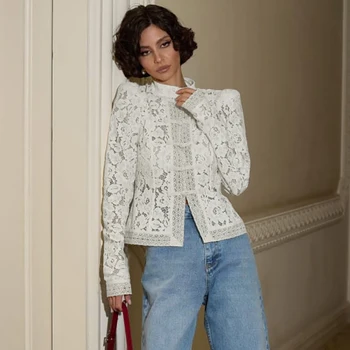 Elegant Embroidery Puff Sleeve Lace Blouse 2 Linad Elegant Embroidery Puff Sleeve White Shirts Summer Sexy Hollow Out Lace Blouse Casual Sand Collar Top 2025 Vintage Shirts 2