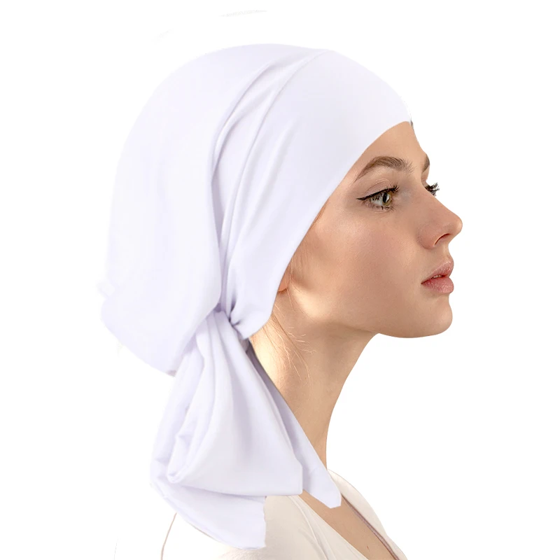 Pre-tie Solid Color Turban Ethnic Elastic Ribbon Head Scarf Islamic Bottoming Hat Fashion Beanie Hat Durags For Women Wrap Head