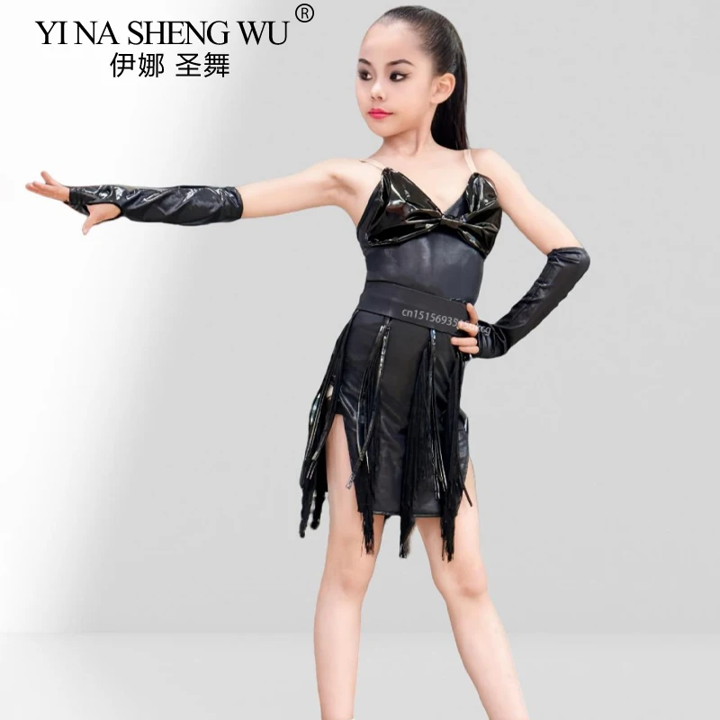 Traje de baile latino con tirantes y flecos, mono de baile latino con lazo negro en el pecho, ropa de práctica de baile de Samba para niñas con flores