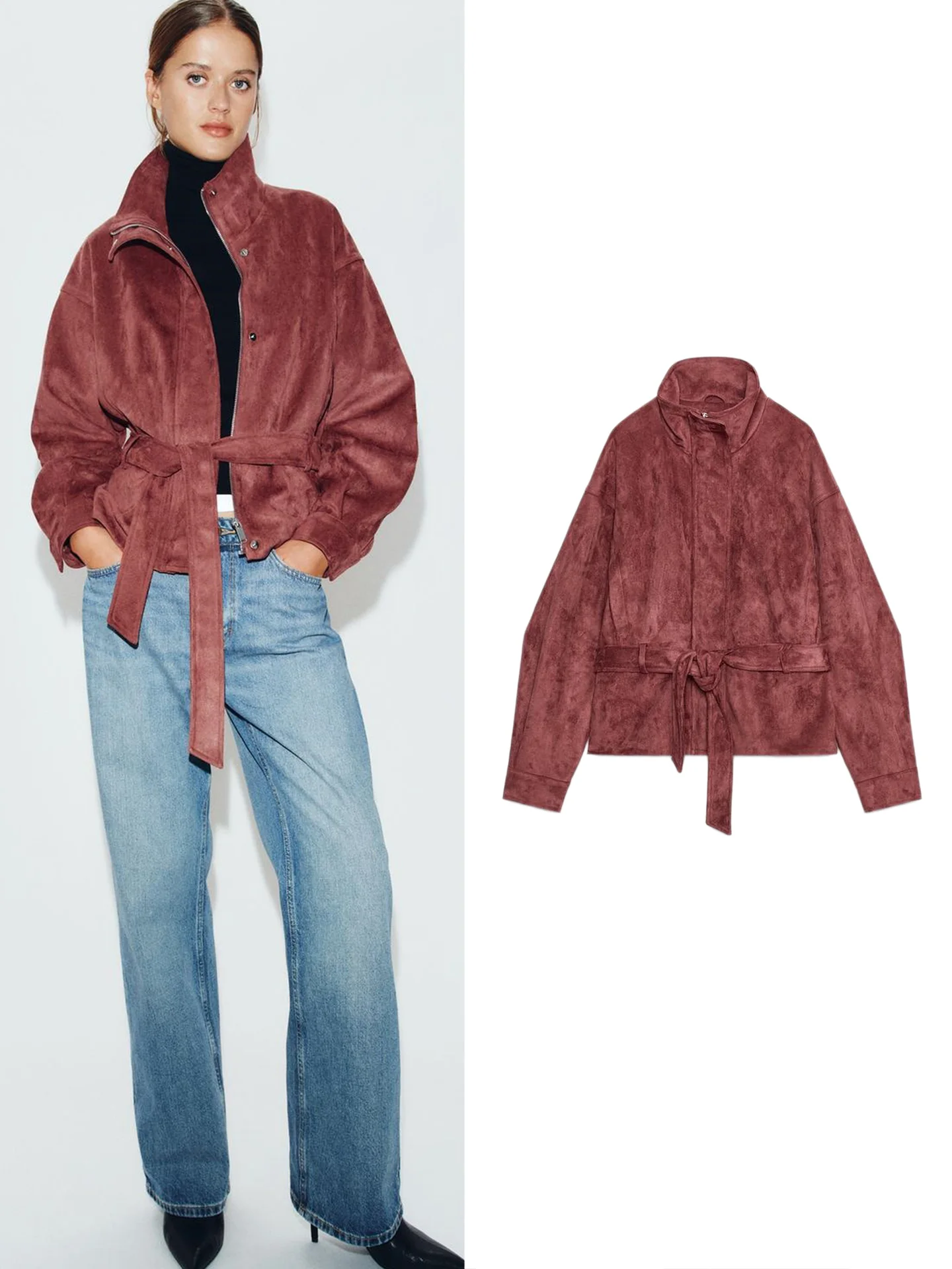 Autumn New Arrival Women's Jacket with Belt Zipper Long Sleeve Stand Collar Pocket Decorated Outerwear Casual Style Polyester...