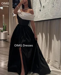 OIMG Fashion Saudi Strapless White Black Satin Prom Dresses Short Sleeves Long Off the Shoulder Evening Gowns Formal Party Dress