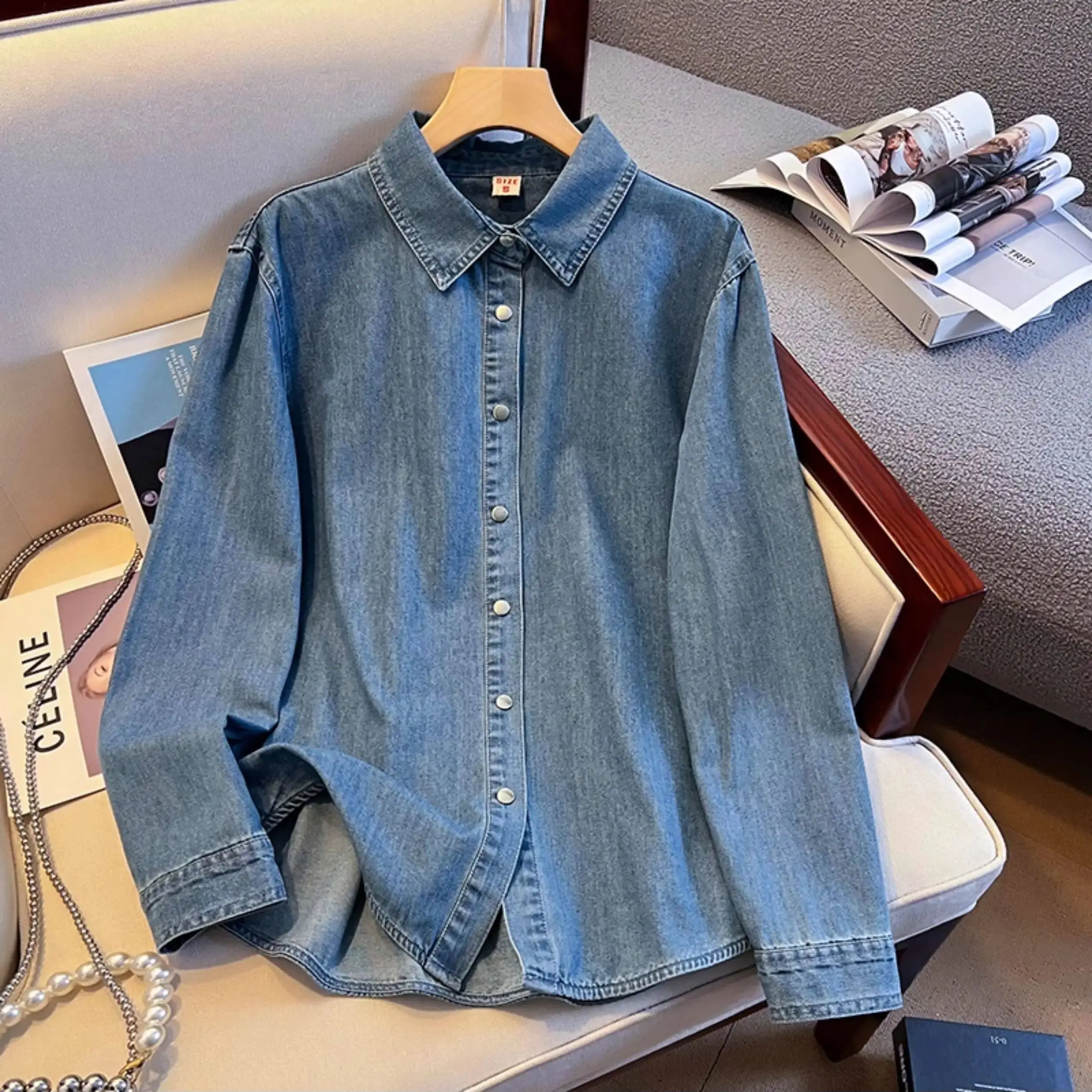 

Blue Denim Shirt For Women Long Sleeve Turn Down Collar Casual Blouse Spring Autumn Classic Single Breasted Jean Tops