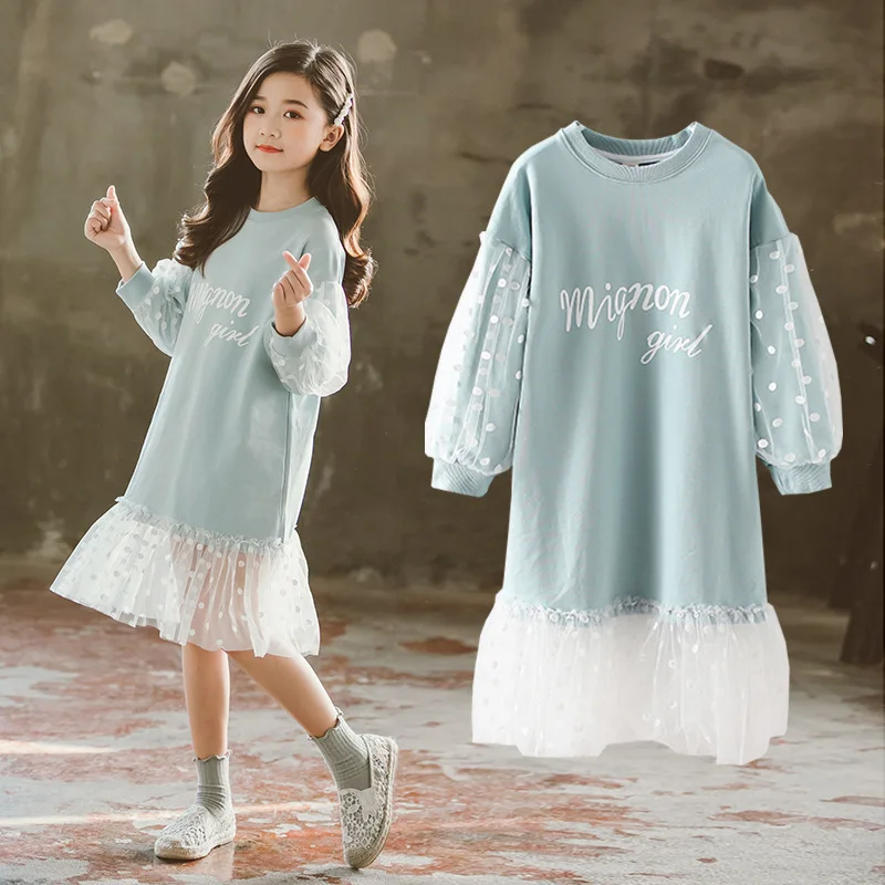 

2024 autumn Teenager girls clothes spring dress cotton children long sleeve polka dot mesh letter dresses 8 9 11 12 13 year