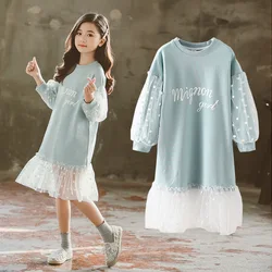 2024 autumn Teenager girls clothes spring dress cotton children long sleeve polka dot mesh letter dresses 8 9 11 12 13 year