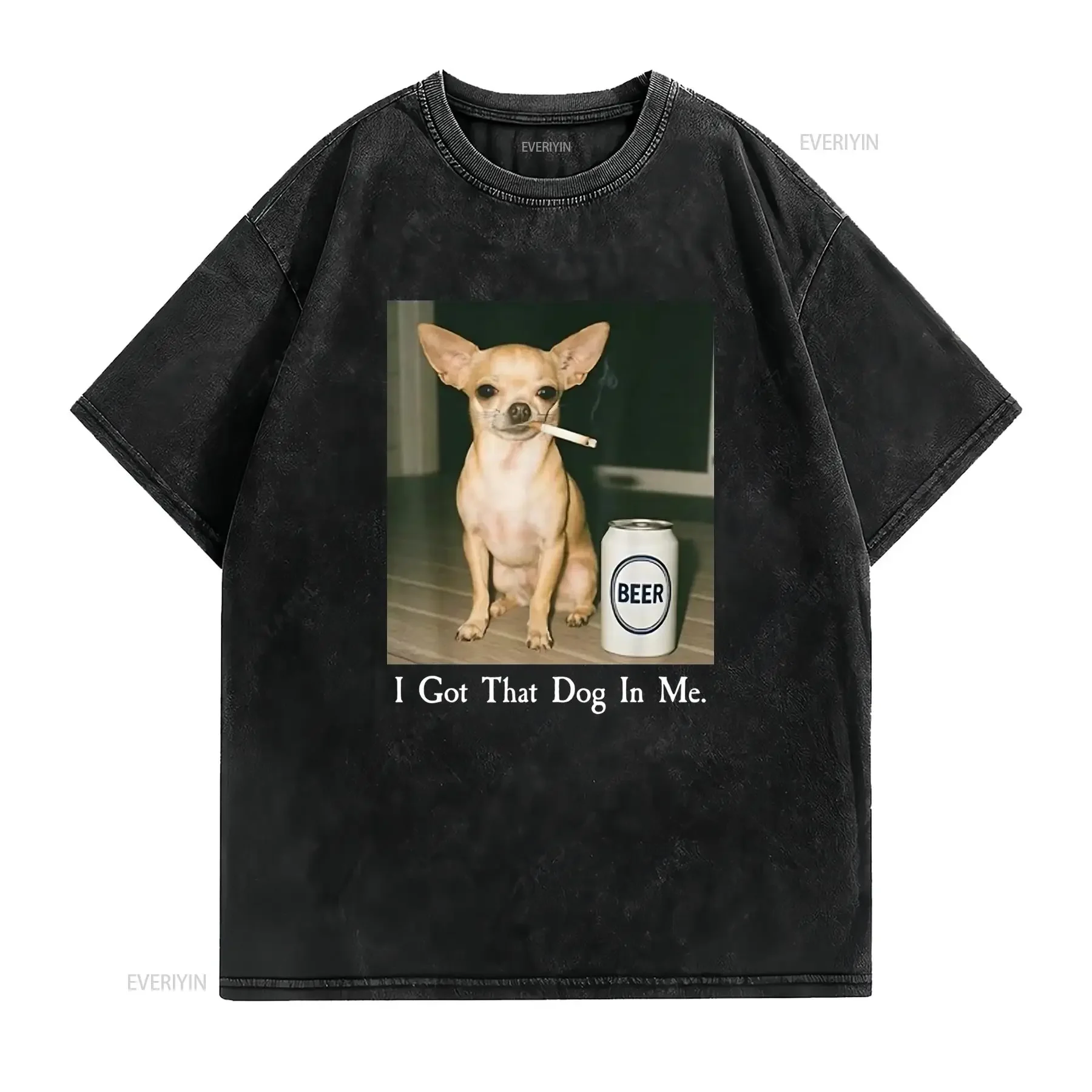 T Shirt Drôle J'ai Chien En Moi Mème Chihuahua Fumant de la Bière Col Rond Tissu Légèrement Élastique Coupe Régulière Motif