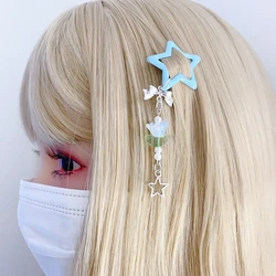 Blue/Purple Star Shape Hairpin for Girls Cute Sweet Style Charm Hair Barrettes with Flower Pendant for Photography