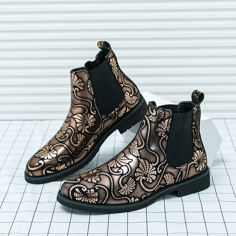 Autumn Fashion Golden Chelsea Boots Men Large Size 48 High Top Party Leather Shoes for Man Design Slip-on Ankle Boots botines