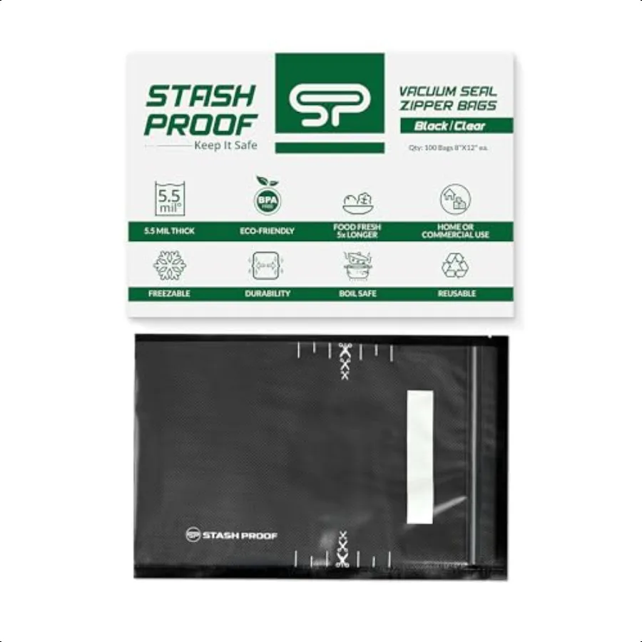 

Stash Proof Resealable Zipper Vacuum Seal Bags 8 x 12 100 Count 5.5 Mil (Black and Clear) BPA Free Commerical Grade Food Saver