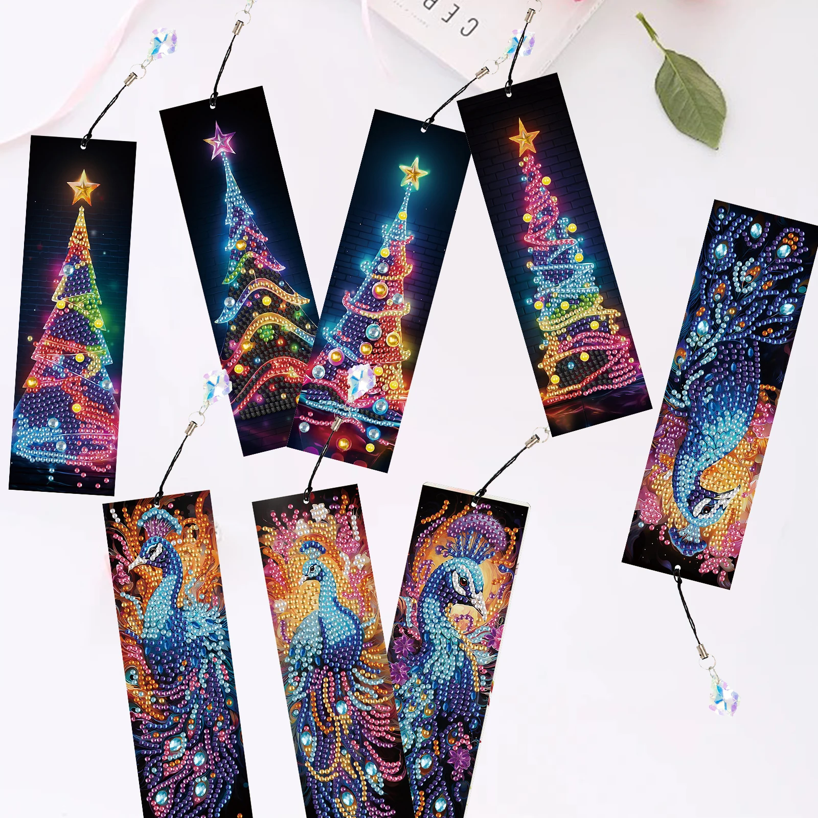 

8PCS Diamond Art Painting Bookmarks kits,Trees and Peacock Diamond Art Pendant Supplies Shining Bookmarks Handmade Office Gifts