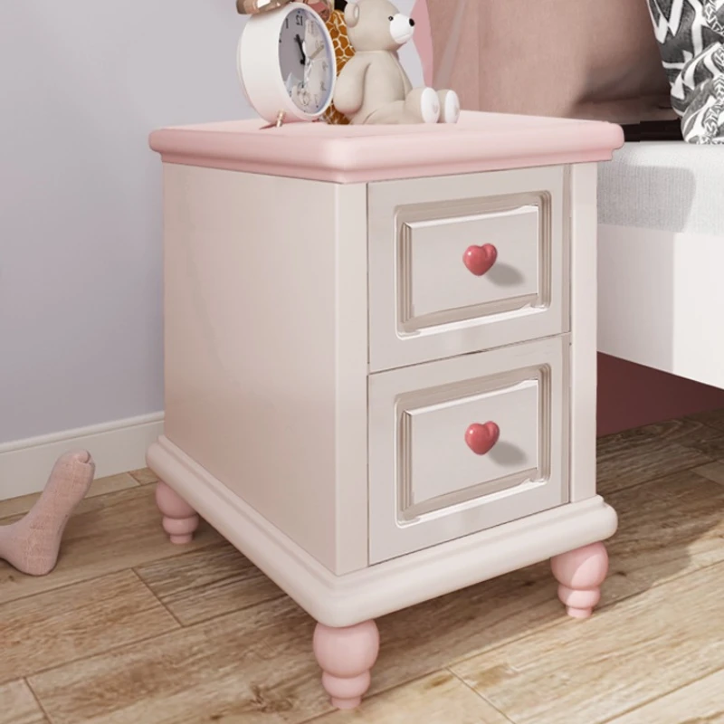 Pink Solid Wood Nightstand Princess Style Bedside Table 10/15/20cm Compact Storage Cabinet for Girl's Bedroom Storage Drawer