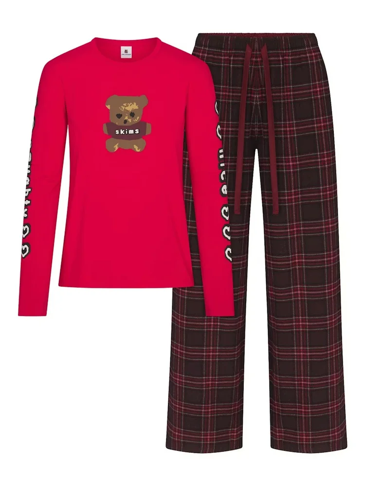 

Рождественские лимитированные винтажные брюки в клетку свободного прямого кроя, универсальные красные повседневные брюки для женщин, прямой крой