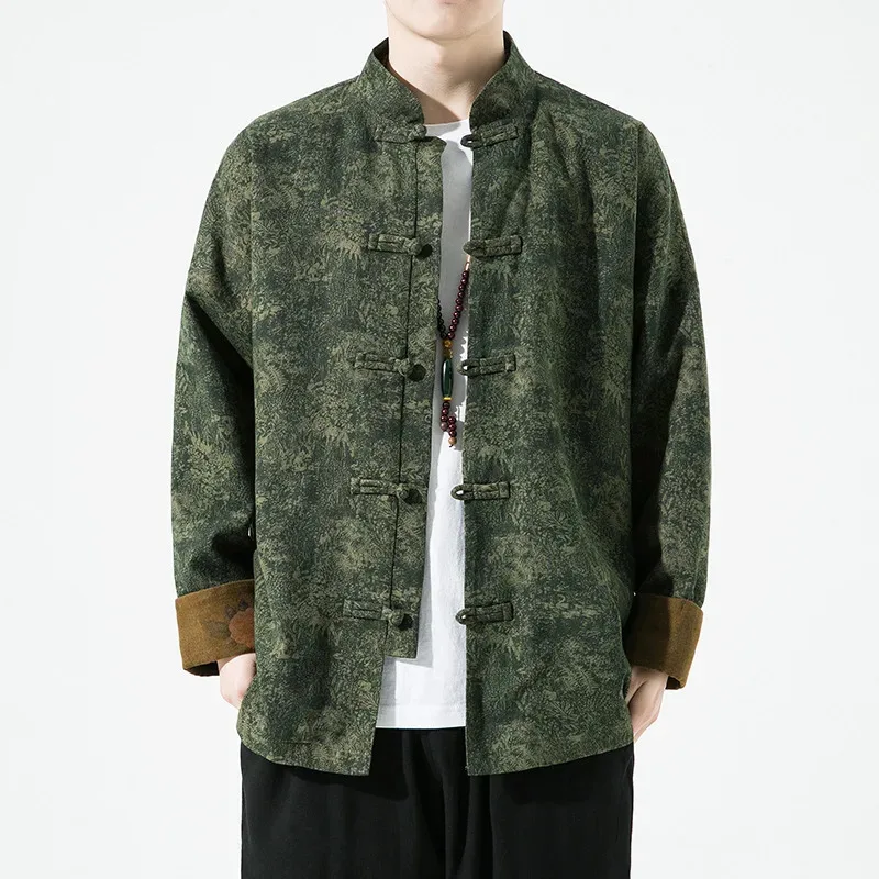 Мужской хлопково-льняной костюм с цветочным принтом Тан, топы, рубашка размера плюс 5XL, китайское традиционное ретро-пальто, куртка с воротником-стойкой и пряжкой