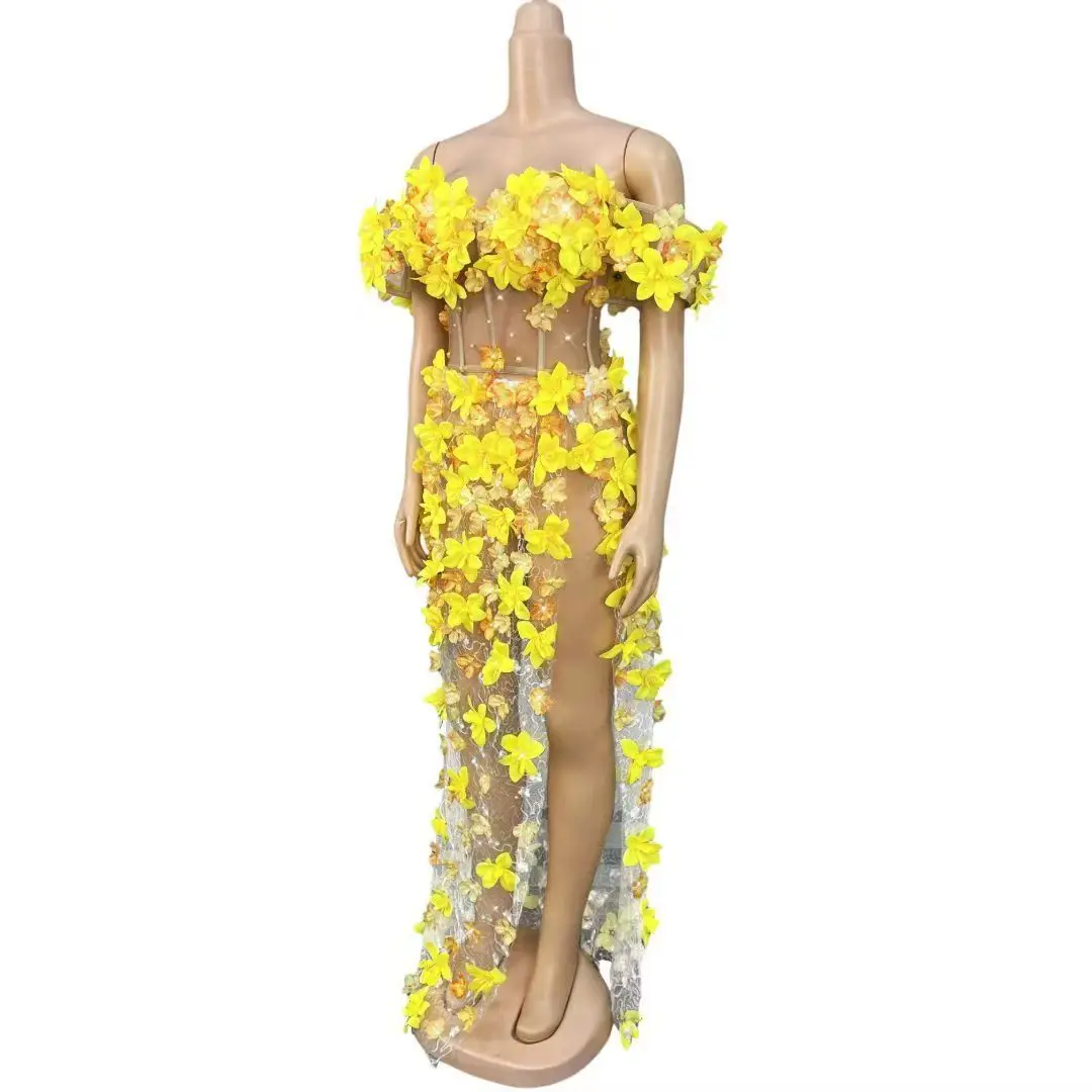 Ręcznie Robione Kwiaty Perły Ozdobne Siateczkowe Bluzki i Spódnice Komplet Kwiatowy Strój na Urodziny Elegancka Sukienka na Występy Sesje Zdjęciowe Stroje Sceniczne