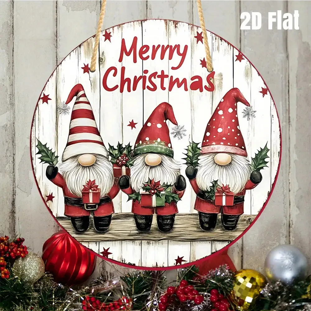 2D Flat, 2D Flat Holiday Wooden Christmas Door Sign - Santa Claus Wall Hanging Plaque with 