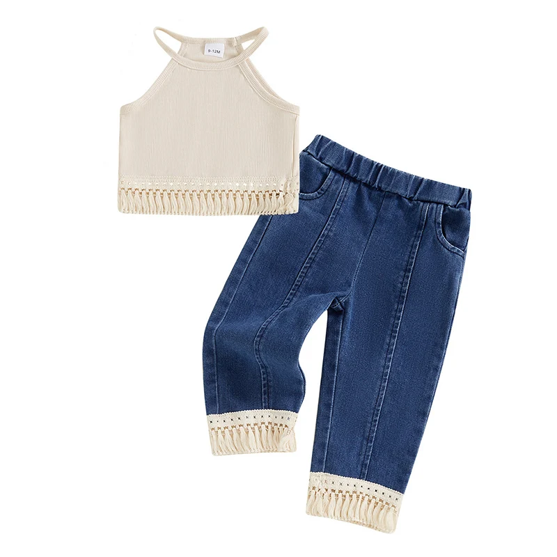 1-4 Years Toddler Girl Summer Clothes Tassel Crop Tank Tops Elastic Waist Denim Pants 2Pcs Outfit