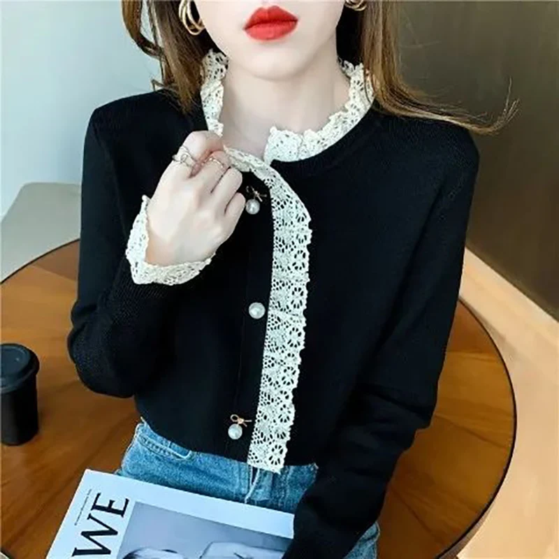 Elegant Ruffled Neck Spliced Beading Lace Sweaters Women\'s Clothing 2023 Autumn Winter Korean Pullovers Butterfly Sleeve Tops