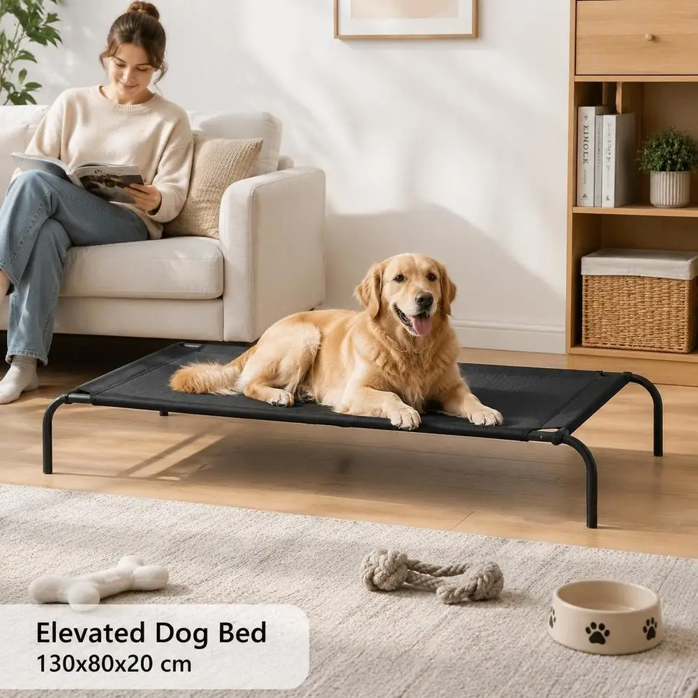 Lit surélevé pour chien, en maille Textilene respirante, avec cadre en acier robuste, idéal pour un sommeil frais, à utiliser à l’intérieur, à l’extérieur, dans le jardin, sur la terrasse ou dans le salon, dimensions : 130 x 80 x 20 cm, couleur : noir.