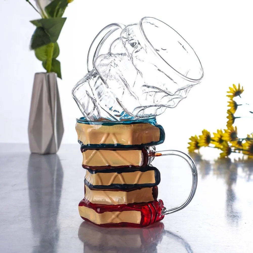 Creative 3D Borosilicate Glass Book Stack Mug, Hand-Painted Handle Coffee Cup, Unique Gift for Home & Office