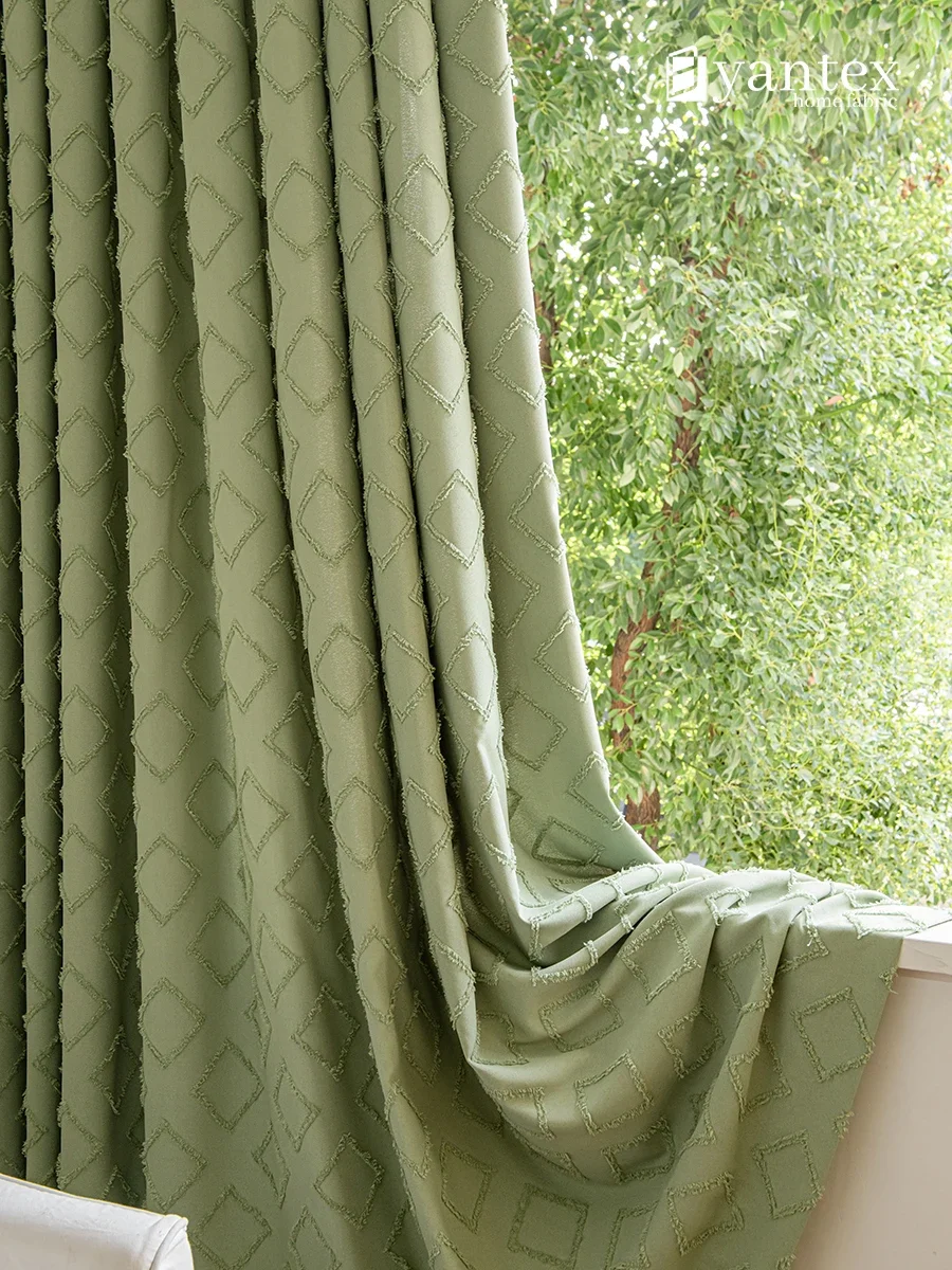 Customized Flocked Fringed Matcha Green Cotton Linen Lattice Curtains for Living Room Floor Curtains Bedroom Window Partition