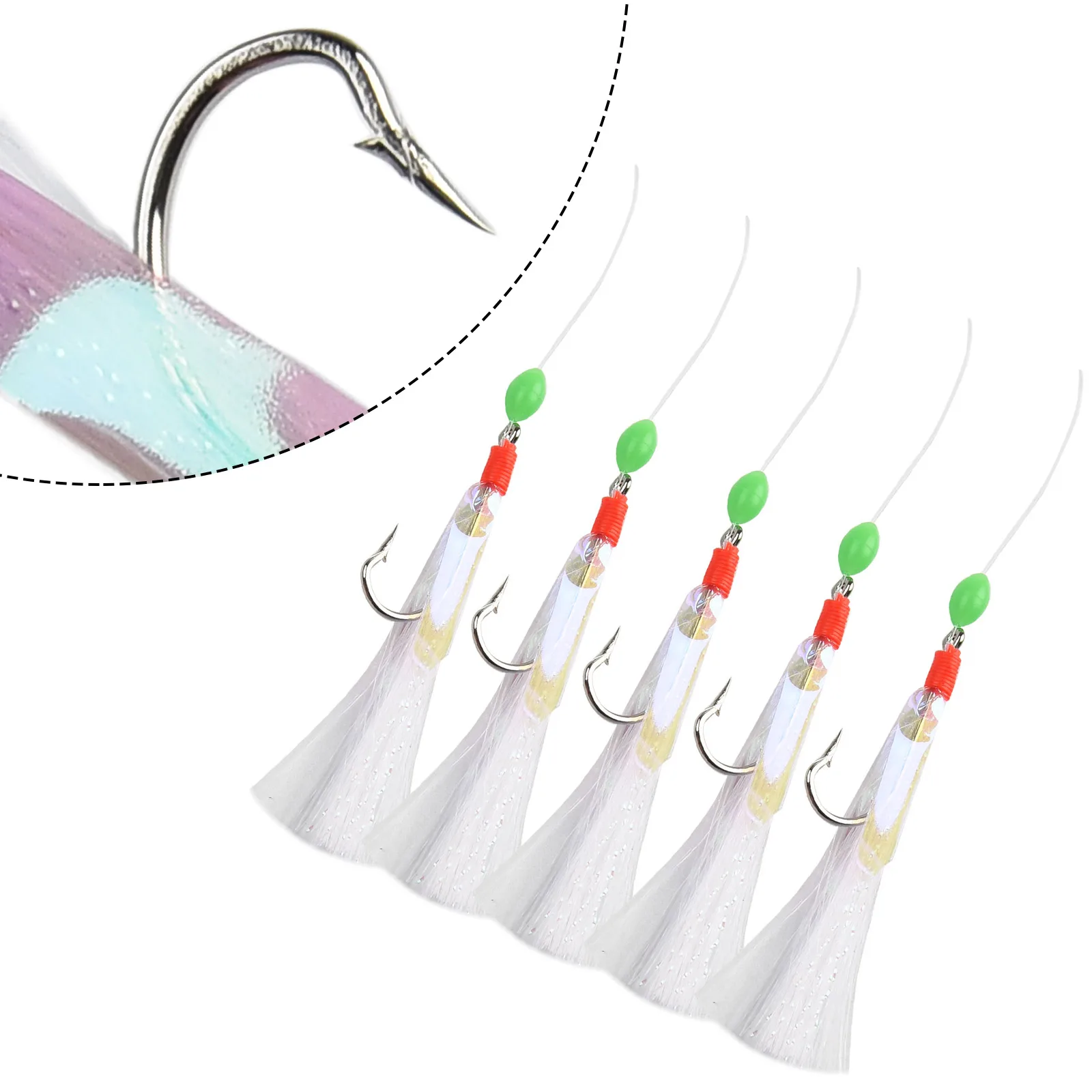 5Pcs/Set High Carbon Steel Astringency Mackerel Feathers Bass Lure Sea Luminous Fishing Hook Bait Hooks Wire Tool