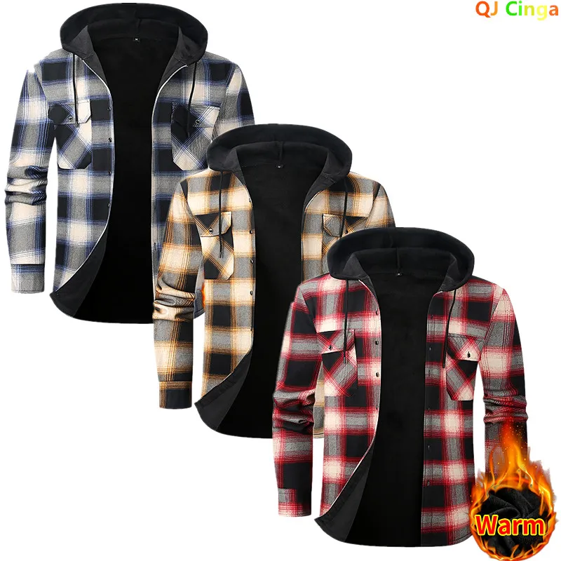 New Winter Men's Long-Sleeve Hooded Fleece Shirt—a Stylish, Casual, and Warm Plaid Shirts.