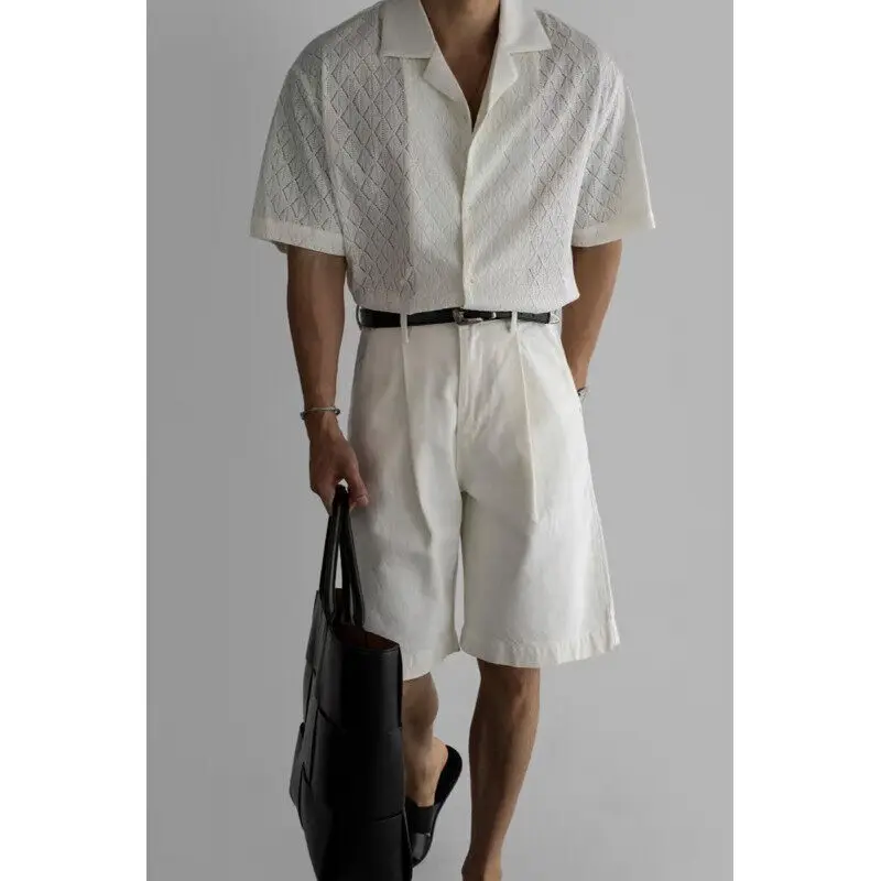 Summer Black Short Sleeved Shirt Men Oversized Beige Casual Shirt Streetwear Men Korean Loose Hollow Shirt Mens Hawaiian Shirts