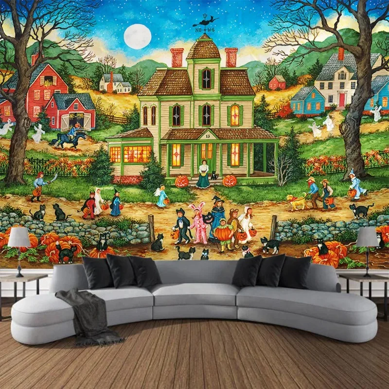 Halloween illustration tapestry children's room, home decoration, horror wall, pumpkin lamp, bedroom, holiday background cloth