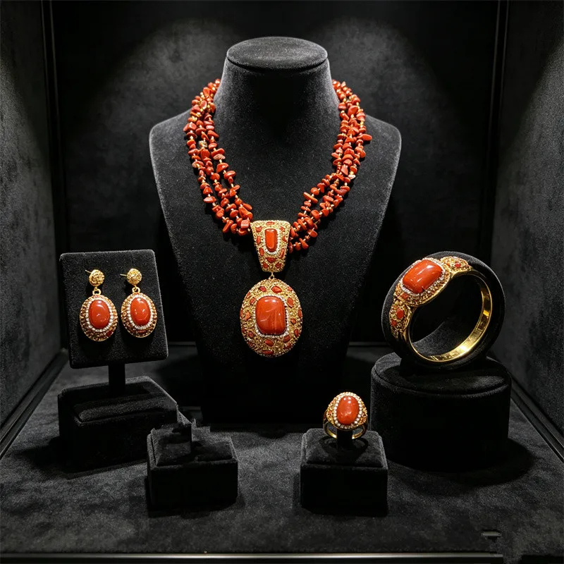 4Pcs Statement Stone Pendant Necklace Earrings Bracelet Ring Vintage Women Wedding Party African Nigerian Choker Jewellery Sets