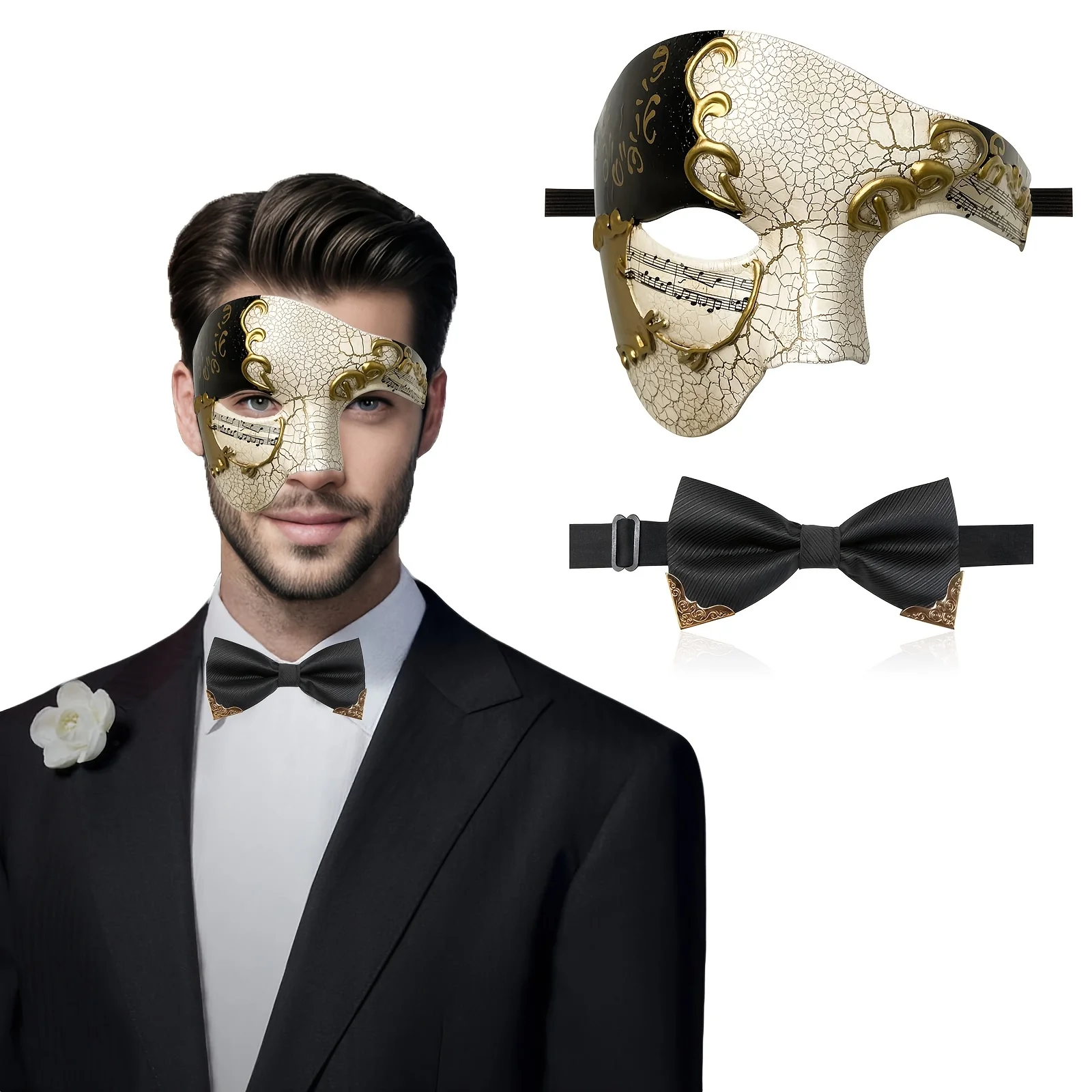 2-Pack Phantom of the Opera Inspired Men's Mask Set, Retro Half Mask & Bow Tie, Stylish, Ideal for Parties & Gifting