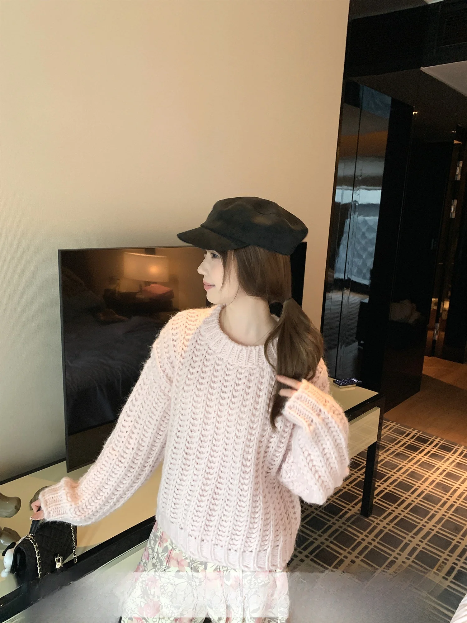 

Loose Women's Knitted Sweater Sweet Sle Transparent Coarse Needle Autumn Winter New Arrival Pink Knitwear round Ne ort ...