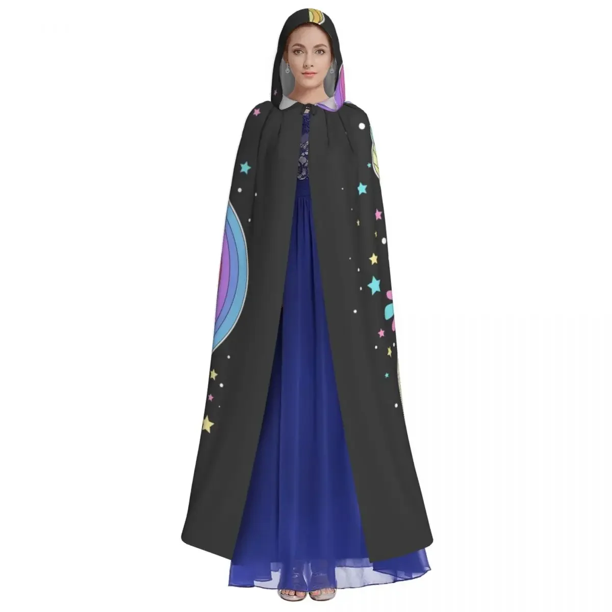 White Unicorn With Rainbow Hair And Stars Hooded  Polyester Unisex Witch Cape Costume Accessory