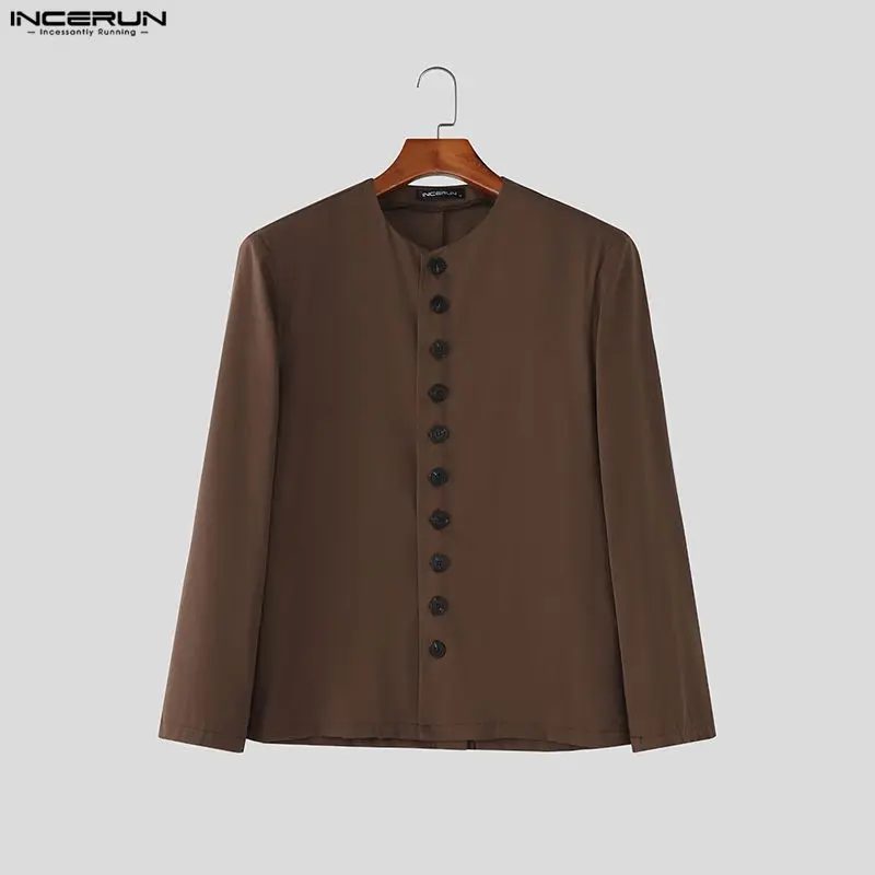 سترة INCERUN للرجال بلون سادة ورقبة دائرية وأكمام طويلة وزر بدلة رجالية غير رسمية ملابس خروج موضة ربيع 2026 معاطف رفيعة للرجال