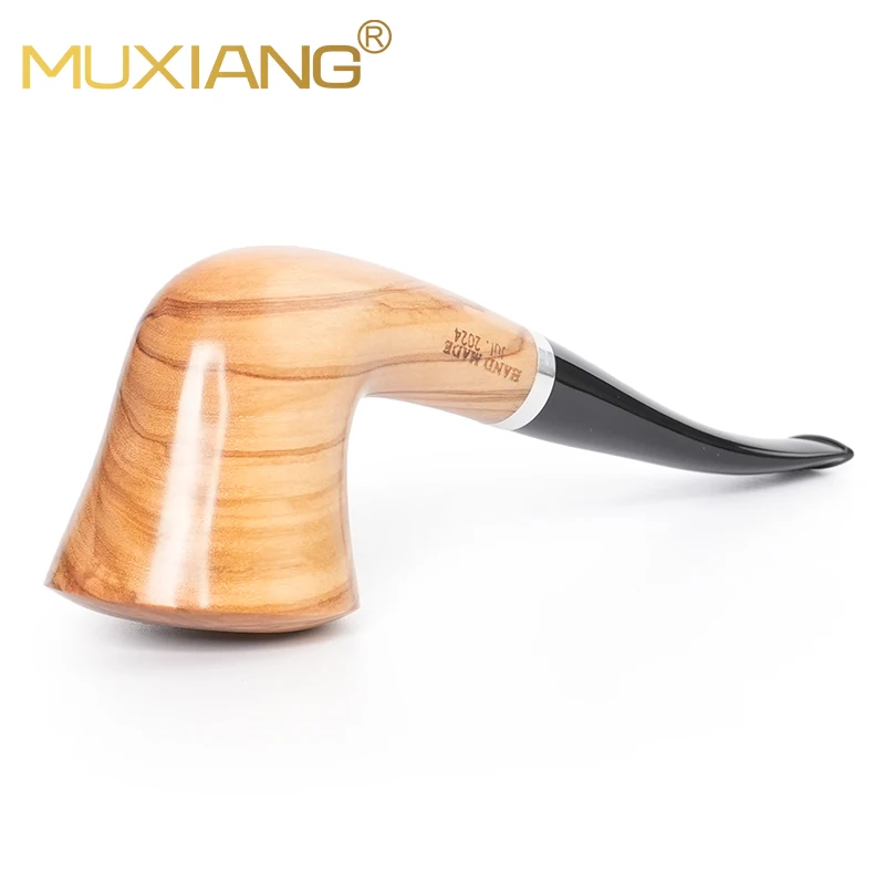 MUXIANG curved handle tobacco pipe olive wood pipe 9mm pipe channel tulip seriy pipe acrylic pipe mouth original wood color pipe