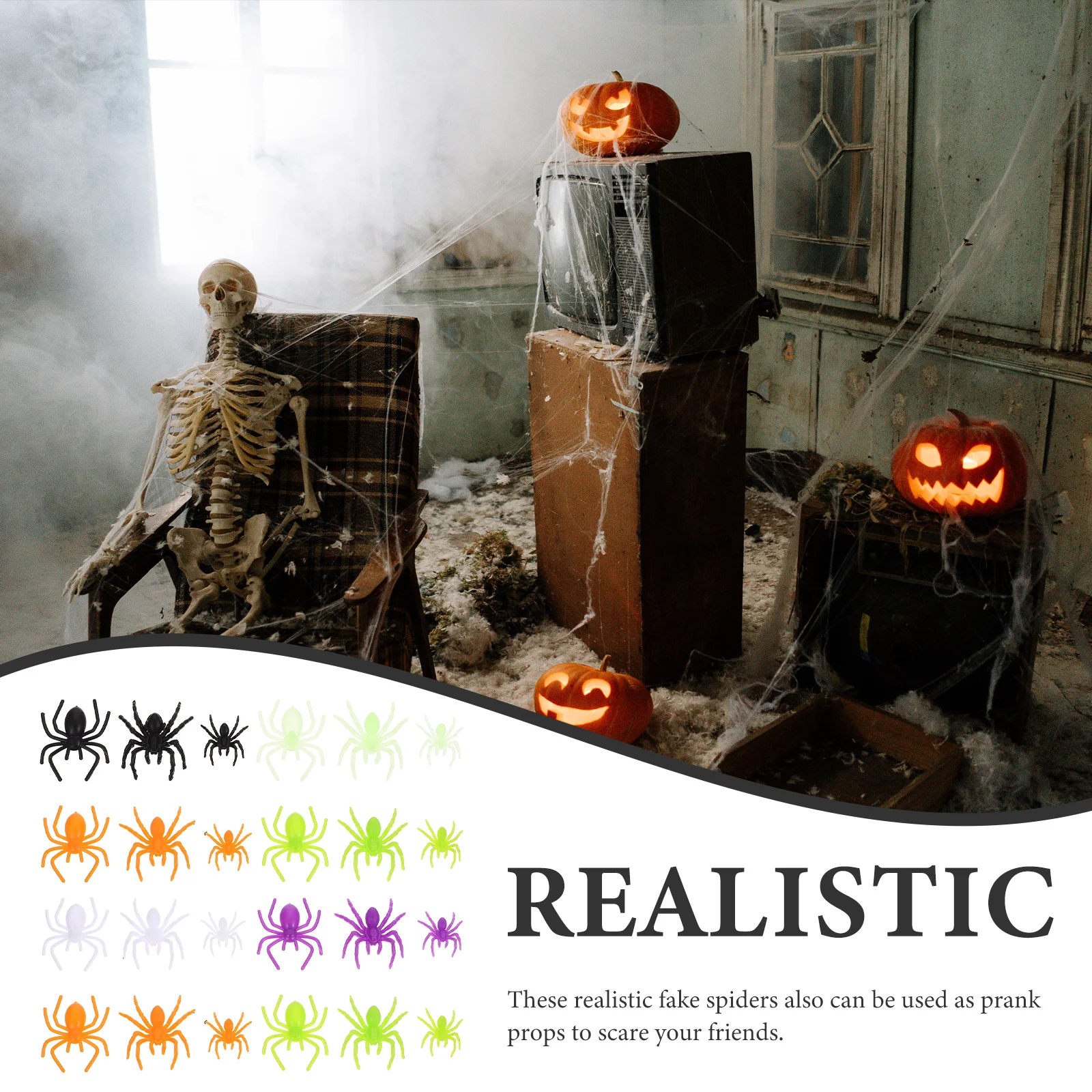แมงมุมปลอมขนาดเล็ก 200 ชิ้น ของตกแต่งฮาโลวีน ทำจากพลาสติกเหมือนจริง อุปกรณ์แกล้งคน ของตกแต่งปาร์ตี้ แมงมุมปลอมเหมือนจริง