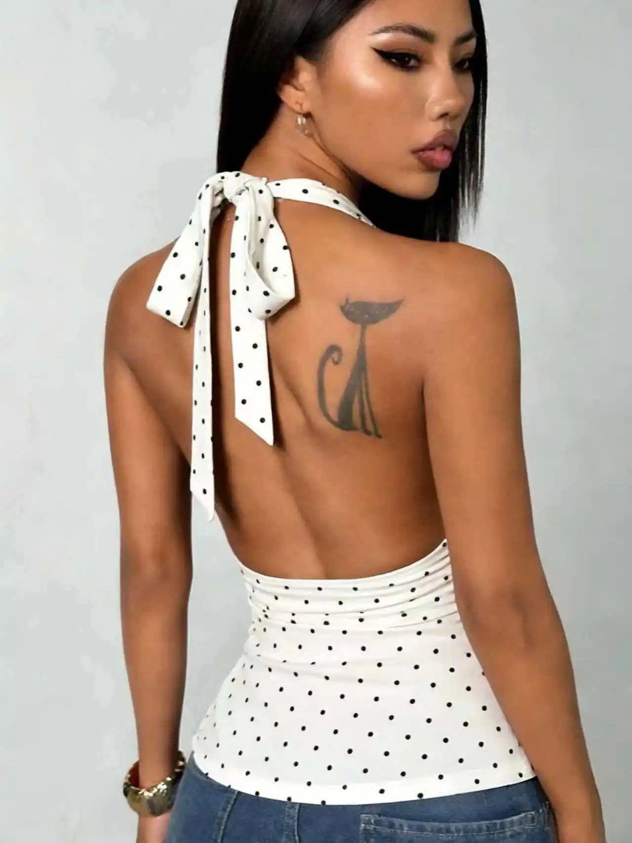 Women's Polka Dot Halter Top Sleeveless Deep V Neck Backless Tie Back Peplum Top for Summer Streetwear