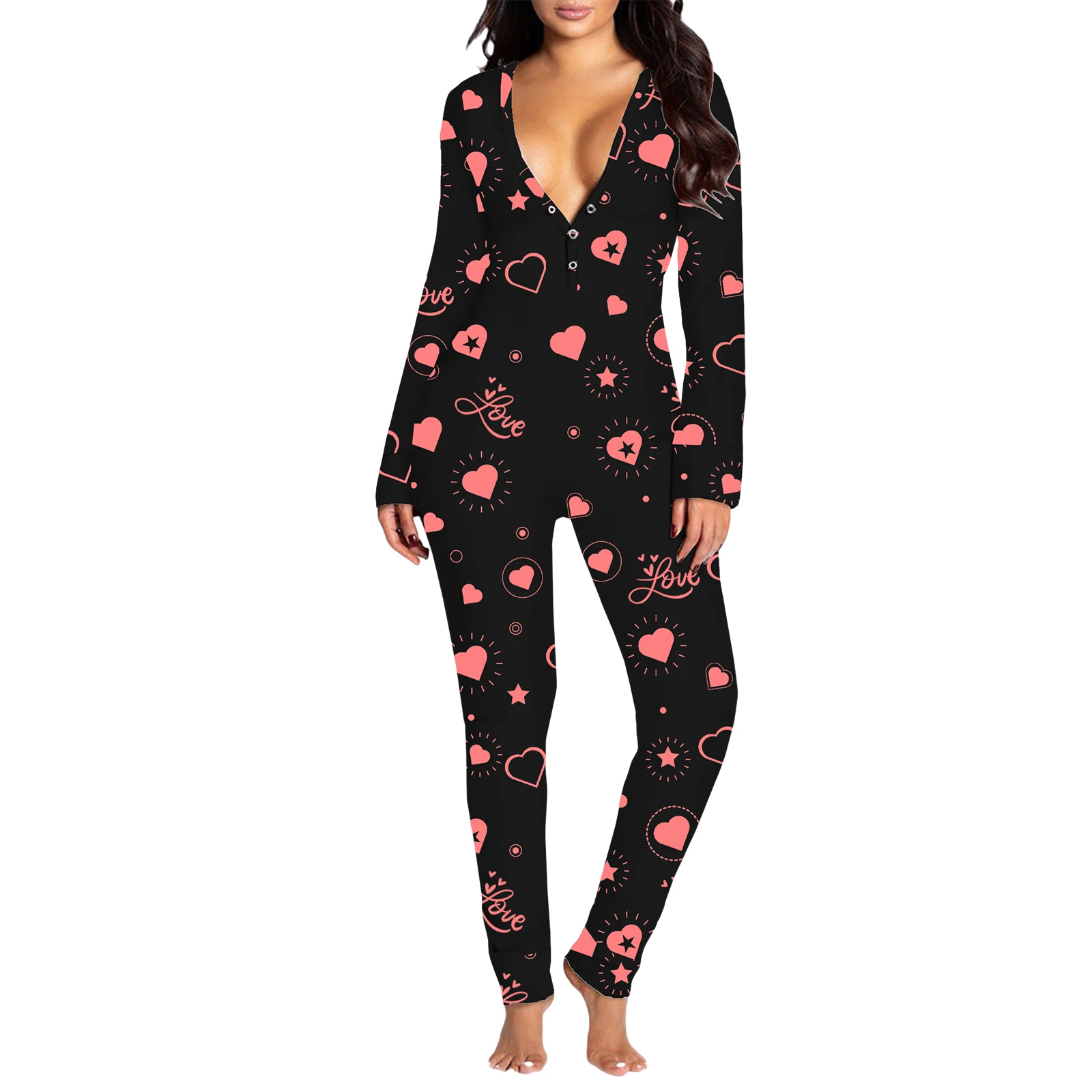 Women\'s Bodycon Pajamas Bodysuit Valentine\'s Day Heart Print Long Sleeve V-Neck Front Button Down Jumpsuit Loungewear Sleepwear