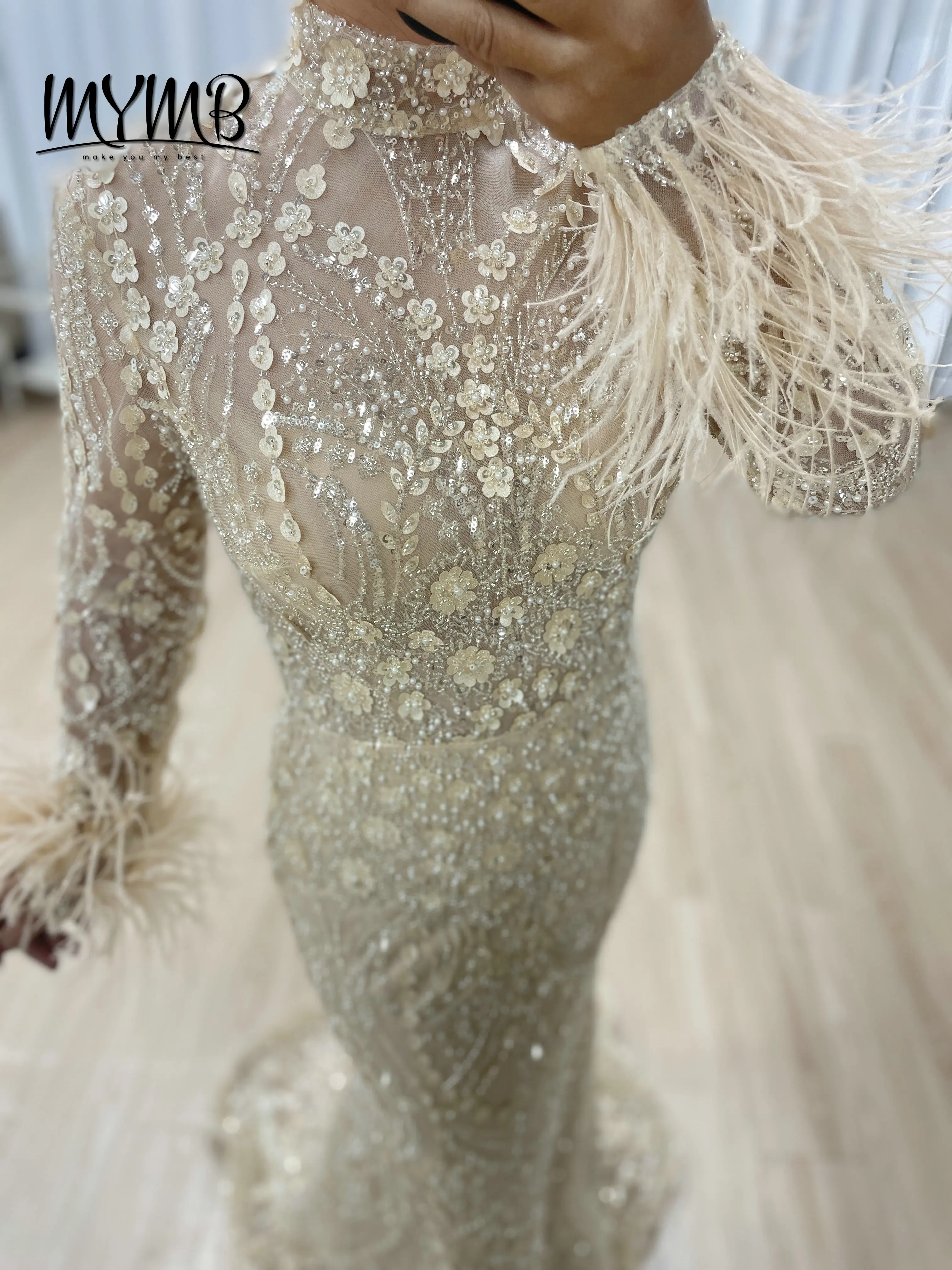 MYMB Embellished Exquisite Embroidery Beaded Dubai Luxury Couture Mother of the Bride Dress With Feather Trim Sleeve MB40329
