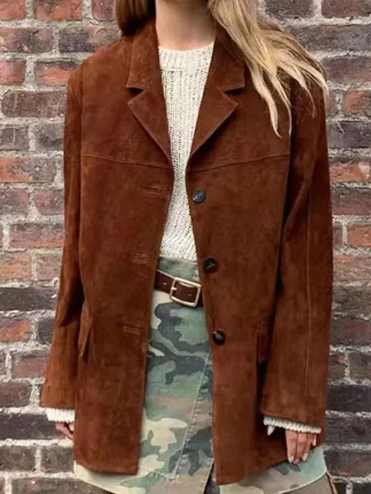 

Женское осеннее пальто Freeacy с воротником с лацканами и длинными рукавами, свободные куртки на пуговицах, однотонный коричневый повседневный пиджак, пальто, верхняя одежда