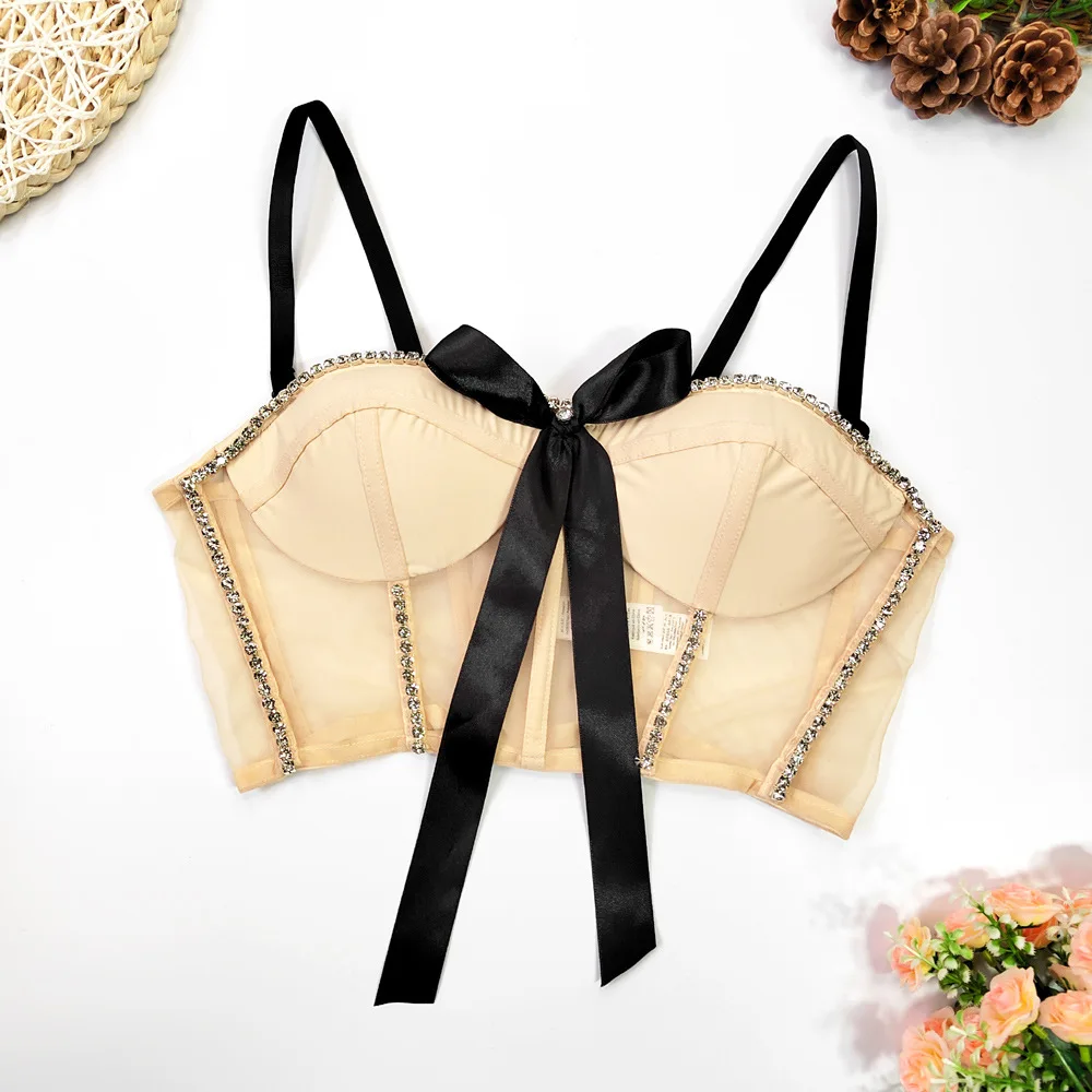 

Women New Fashion Sexy Backless Gauze Beaded Tube Top Sleeveless Bow Bustier Corset Crop Top Mujer Clothing D725