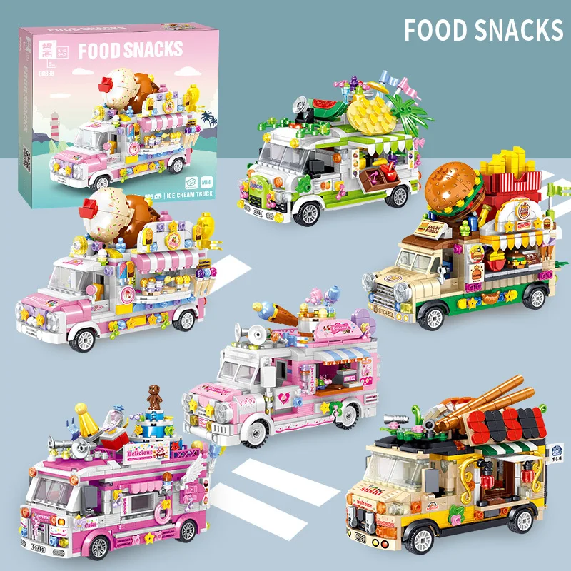 ZHEGAO Plastic Blocks Ice Cream Car Building Bricks Drink Shop Hamburger Store Toys for Children Juguetes Fruit Truck Girls Gift