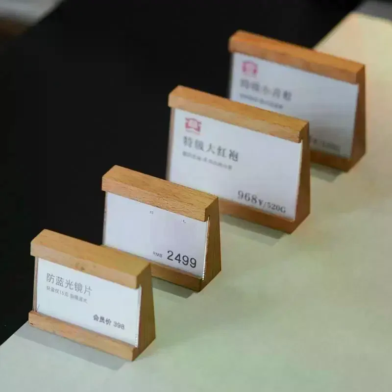 70x40mm Wood Price Label Tags Table Number Name Card Menu Holder Acrylic Sign Display Stand