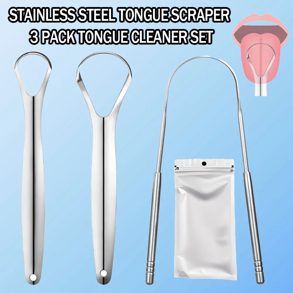 

Reusable Stainless Steel Tongue Scraper 3Pcs Set Portable Metal Tongue Cleaning Tool For Men Women Adults